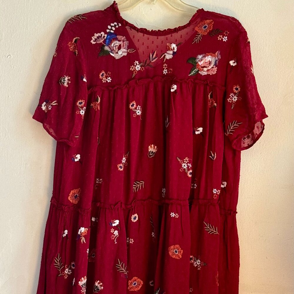 Zara Burgundy Boho Embroidered long Blouse or a short Dress size M